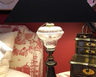 125. Antique Handpainted Etched Glass Lamp w/ Marble Base (24''), $ 70.00