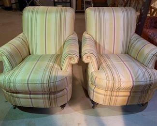 159. Pair of Lewis Mittman Roll Back Silk Upholstered Chairs on Casters (35'' x 34'' x 37''), $ 900.00