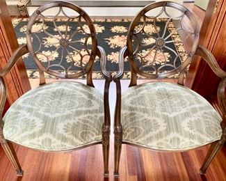 141. Pair of Shield Back Upholstered Armchairs (25'' x 19'' x 38''), $ 400.00