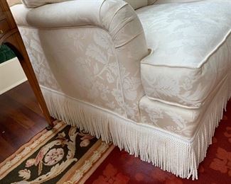 58. Upholstered Cream 3 Cushion Sofa w/ Bouillon Fringe (83'' x 37'' x 34''), $ 1800.00