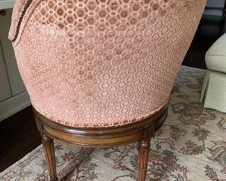 87. Upholstered Barrel Swivel Desk Chair on Carved Wood Base (23'' x 28'' x 34''), $ 490.00