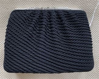 Judith Leiber Woven Black Satin Evening Bag w/ Silver & Pave Stone Detail (6.5'' x 5'') $180