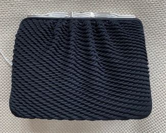 Judith Leiber Woven Black Satin Evening Bag w/ Silver & Pave Stone Detail (6.5'' x 5'') $180