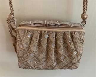 Judith Leiber Beaded Satin Evening Bag w/ Rope Shoulder Strap & Pave Stone Closure (6'' x 5.5'') $180