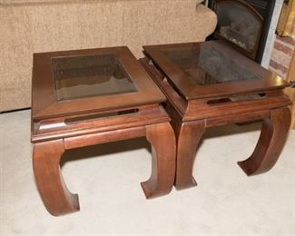 F35	Pair of Universal Furniture Asian Flare Beveled Glass Top Side Tables 22H x 20.5Wx 26.5D	$120/pair