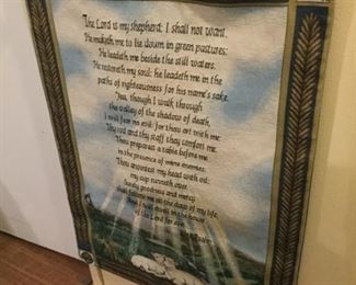 The Lord is my shepherd woven textile hanging on wood rod is entire 23rd Psalm measures 25 across by 37 long with wooden rod just over 33 inches wide $15.00 SALE $10.00
