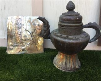 Wall metal work plaque $8.00, SALE $5.00large metal pot great for garden, $15.00, SALE $10.00