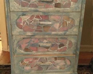 Dresser top chest, one of a kind hand mosaic tile drawer fronts, even prettier in person. Measures 16 tall 8.5 deep by 11.25 wide, sides are mosaic also! $25.00 SALE $20.00 SALE $15.00