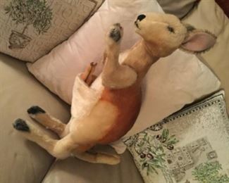 Steiff mohair 19 inch Kangaroo, with Joey in pouch. Not to be confused with more common 11 inch size, this exact model selling for 225. Live auctioneers, 460. Lofty.com, and sold at Christie’s for 480 euros, our price $95.00