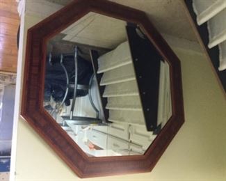 Beautiful inlaid wood octagonal mirror with beveled edge measures 29 inches in diameter $45.00
