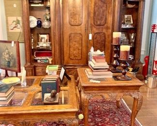 Carved Media Wall Unit, Carved Wood & Glass Coffee Table & End Table