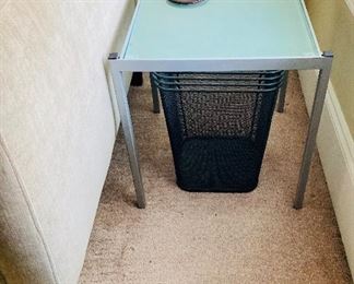 Glass/metal square table ===> $75 (three of these available)  Dimensions: 10" x 12"                                                       black metal waste basket ===> $10