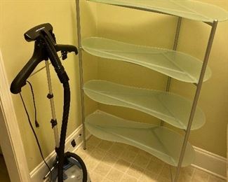 Steamer ===> $75                                             Modern metal glass  4-shelving unit ===> $75.                                     Dimensions: 33.5” W x 50” H x 12” D