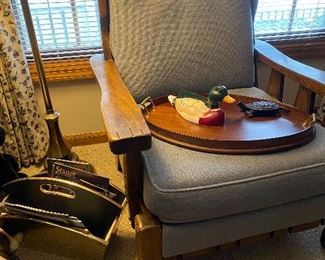 Magazine/newspaper rack, Mission-style chair, wooden oval tray, duck and turtle figurines