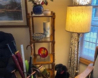 4 shelf glass stand, floor lamp, stuffed dog toys, umbrellas, small suitcase folding stand, decor