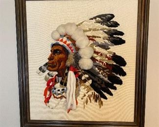 Unique yarn Native American Indian framed folk art