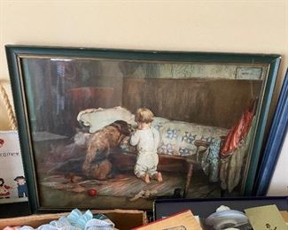 Antique frame, print of boy and dog praying bedside