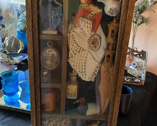 Amazing shadow box display of antique, Scandinavian and vintage items!
