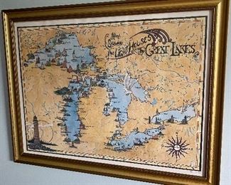 Awesome framed map of the Lighthouses of the Great Lakes