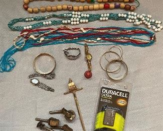 Duracell lithium battery NIB, wooden castors, letter opener, more jewelry