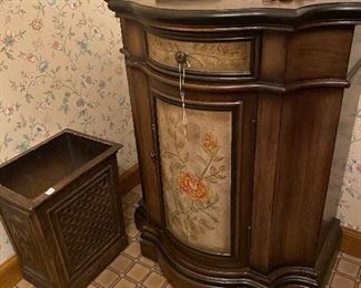 MCM trash can, cute bathroom/hallway decorative cabinet