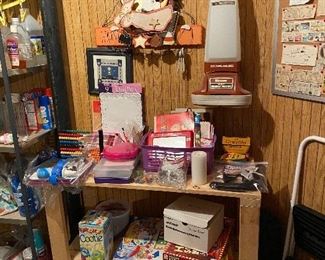 Work bench, games and toys, carpet cleaner, decor