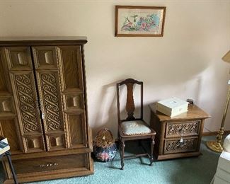 MCM bedroom set - armoire, nightstand, bed, fantastic needlepoint chair