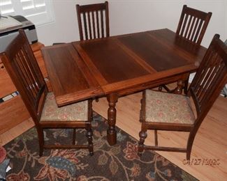 Antique solid Oak "pub table" shown with trestle $350 table and 4 chairs.....leaves extended.....60" x 30".......closed leaves make it 36" x 35". Shown with 4 arts and crafts antique chairs....all in excellent condition....$350.00  5 piece set. (760) 445-8571.........CJ