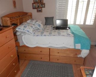 Solid Birch Bedroom Furniture......Full size "Captains Bed" with under storage....(storage can fit under either side)....$375......5 drawer chest....$125.....Computer desk with bookcase...$125..  (760) 975-5483   (Quilt, shams and bedding not included)  Laptop NFS