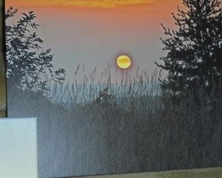 Canvas painting of evening sun through trees