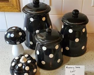 $25 - Terramoto Ceramic canister set and matching extras. Largest canister is 9" tall