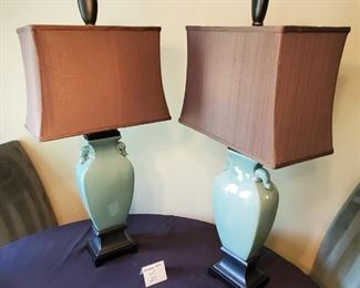 $60/pair - 2 Tall green table lamps with brown shades 35”tall overall