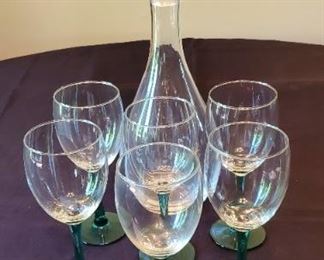 $15 - 14.5" Decanter & 6 green stemmed wine glasses