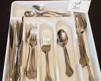 $30 - Oneida Flatware Setting for 8 except one small fork missing. Includes Serving utensils also and tray.