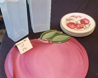 $15 - 2 Lock&lock containers, 4 apple placemats, 4 American Atelier 8" plates (4 different fruit designs)