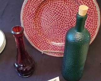 $12 - Pier 1 Plate & stand, Pier 1 green bottle (13" tall) and a red bottle 