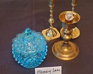 $8 - 3 brass candle holders and a glass dish