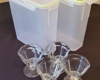 $5 - 2 snapware containers and 4 sherbet glasses
