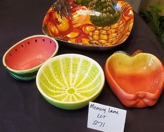 $10 - Green bowl is Dept. 56. Square dish is 10"x10" painted wood.