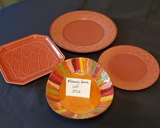 $12 - 2 round plates are Pier 1 (made in France) 10.75" and 5.25". The 8.5"x8.5" square dish is Cha by Debby Segura Designs. The Wavy Stripe dish is Pier 1. 