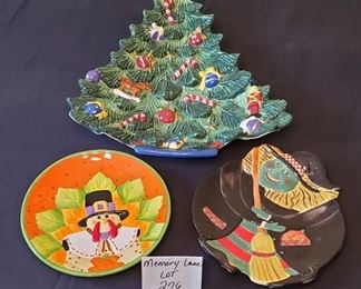 $15 - St. Nicholas Square Christmas Tree platter - 16" tall to tip of tree. 8" turkey plate and a Certified International witch plate