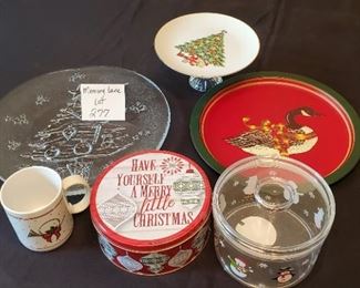 $6 - 12' glass platter, 3.5"T x 7.5" in diameter hand-created cookie plate, coffee cup, plastic treat container, Christmas tin & a metal tray