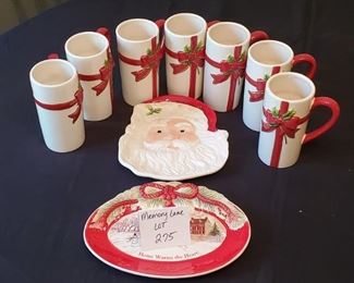 $10 - 7 St. Nicholas Square tall coffee cups/mugs. A santa platter and an oval Fitz & Floyd sentiment tray