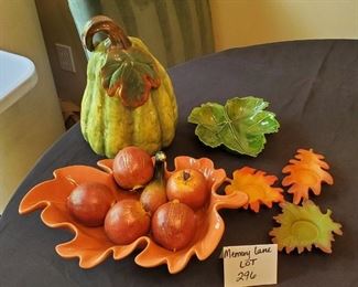 $12 - 11"T ceramic gourde, PartyLite 3-pc candle holder set, 13.25" across leaf bowl and a small leaf dish 