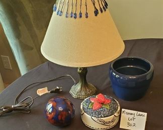 $13 - Blue decor lot - Lamp is 16" tall and sugar bowl is 5" in diameter