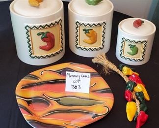 $30 - StoneLite Clay Chili Pepper Clay Art canister set- tallest one is 9.5" to top of pepper, a melamine Clay art 11"x11" square tray and ceramic peppers decor