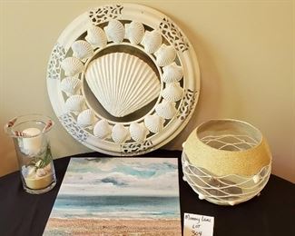 $25 - Seashell/Beach decor - 20" metal wall decor, 8.5"T candle holder, 14"x14" beach canvas wall art & large glass bowl decor