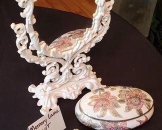 $24 - 12.5"T CAST IRON  mirror, 6.75" W Toyo trinket holder and a small purse decoration