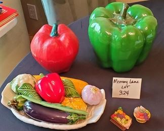 $20 - Ceramic Vegi's Lot - 9"T ceramic bell pepper, plastic apple, ceramic vegi's in dish (made in Portugal) is 11" across, 2 mini fruit baskets