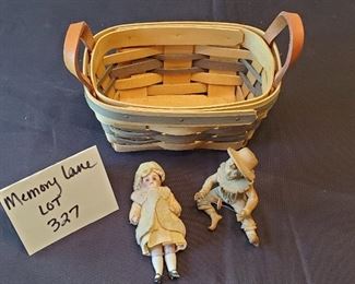 $9 - American Traditions 6.5" basket, 2.5" tall clay boy & 4" bisque doll